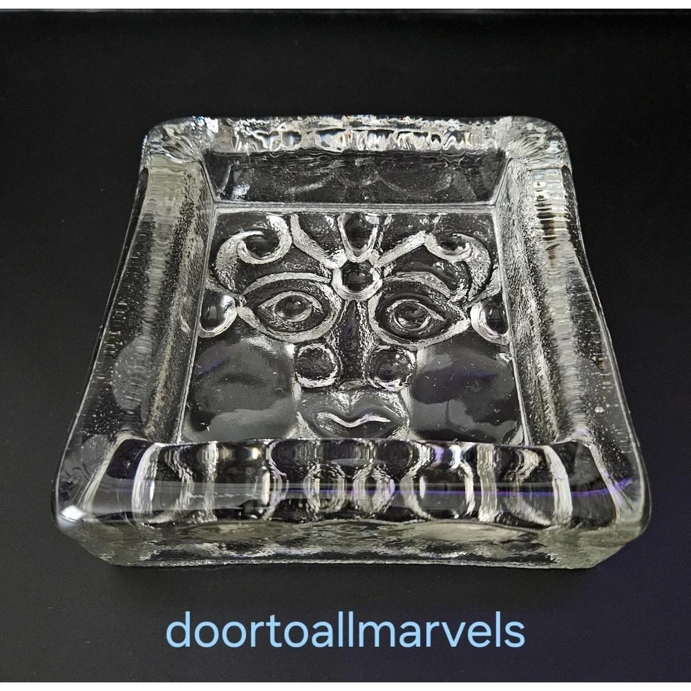 VTG Skruf Sweden Viking Face Heavy Block Square Crystal Dish '70s Lars Hellsten
